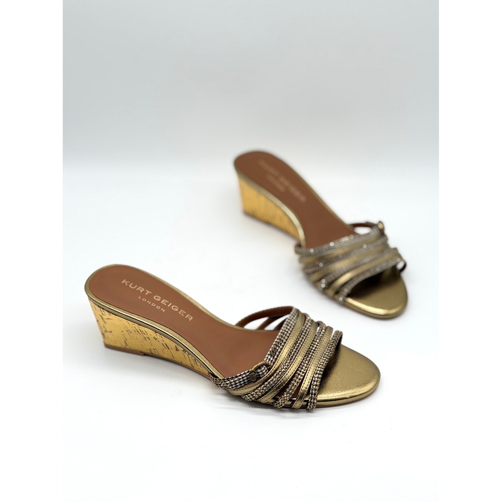 KURT GEIGER Pierra Wedge Slide Sandals Women 38.5 Gold Strappy Rhinestone Cork